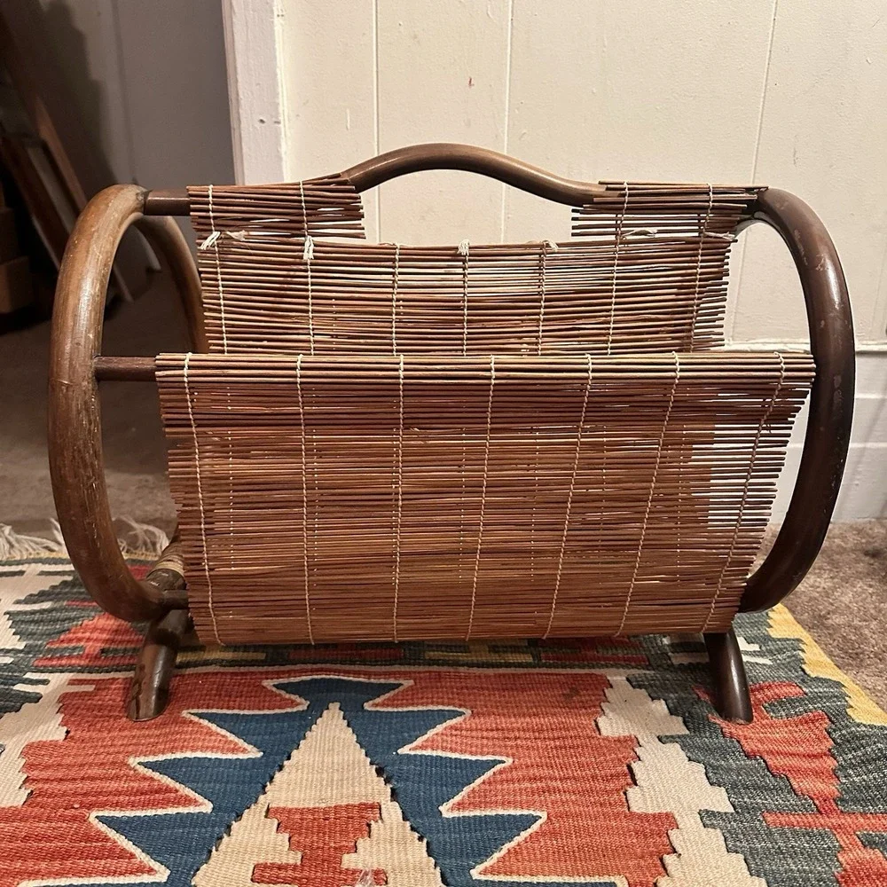 Vintage Bentwood & Slatted Bamboo Magazine Rack